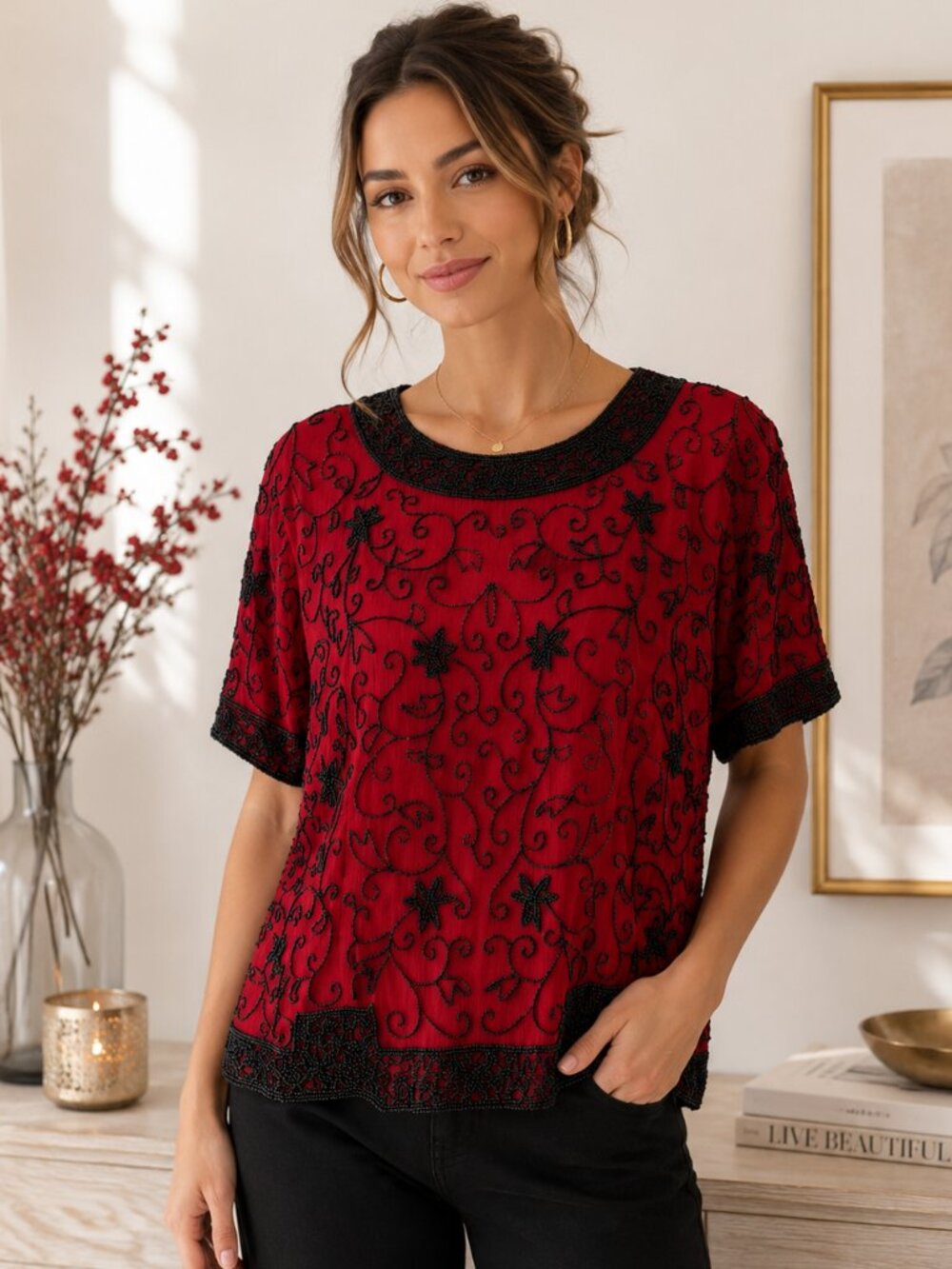 Vintage Stenay Red 100% Silk Beaded Evening Top | Size L